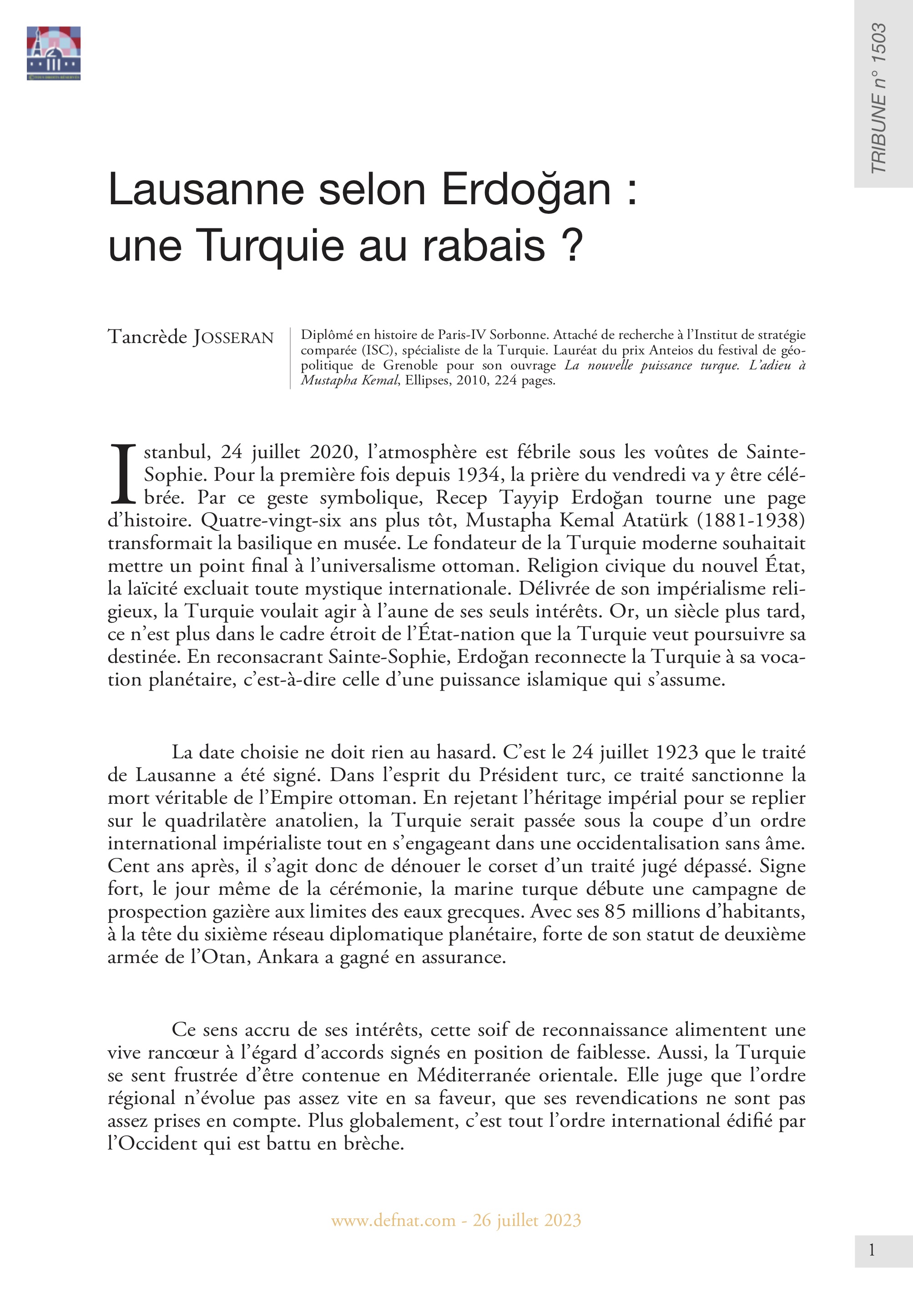 Lausanne selon Erdogan : une Turquie au rabais ? (T 1503)
